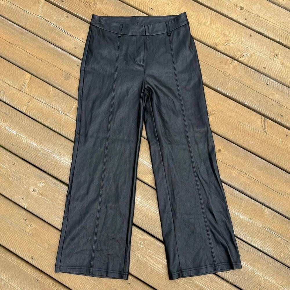 7 For All Mankind XS Vegan Faux Leather Wide Leg Cropped Pants Jet Set Black